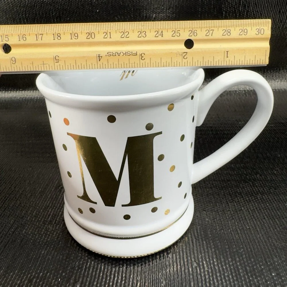 Pier 1 Imports Stoneware Coffee Mug Cup Monogram Letter M White Gold Dots Mug